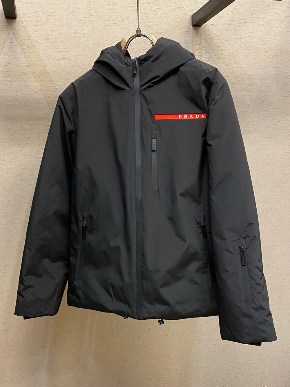 Prada Black Hooded Jacket with Red Logo Stripe